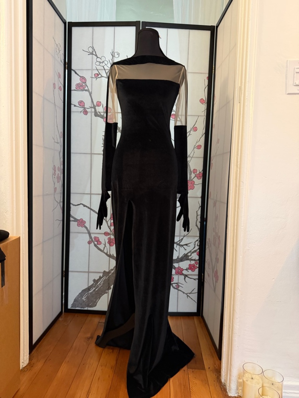 Black Velvet Long-Sleeve Evening Gown with Illusion Yoke